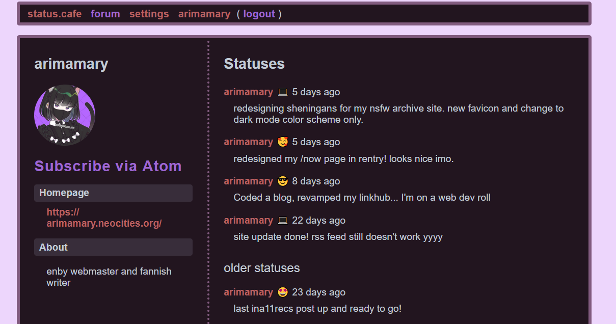 Screenshot of the final state of my status.cafe after applying all the changes described