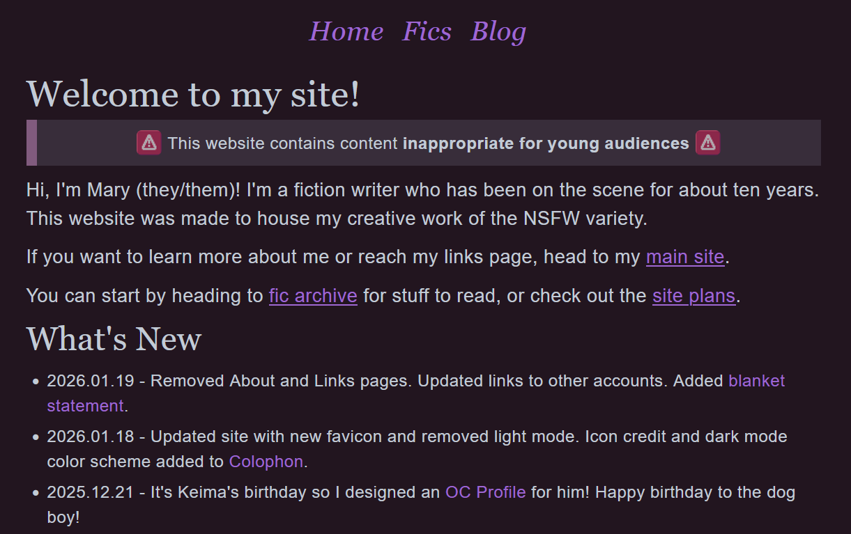 Screenshot of my NSFW site's homepage